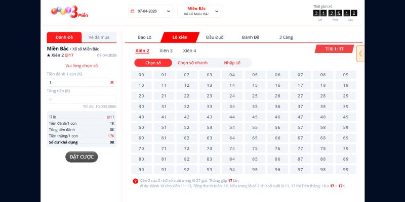 Có đa dạng các loại lô xiên như xiên 2, xiên 3, xiên 4 để bạn lựa chọn